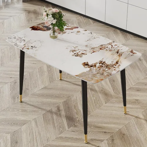 Vista 9 de Mesa de comedor de piedra sinterizada negra de 48.4 pulgadas, mesa de cocina rectangular minimalista con patas de metal negro, mesa de comedor