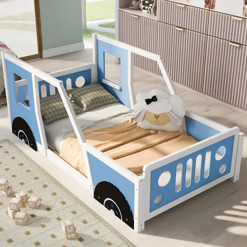 Vista 11 de Polibi Cama de plataforma, tamaño individual, cama clásica de madera en forma de automóvil con ruedas, cabecero, estribo, puertas, ventanas