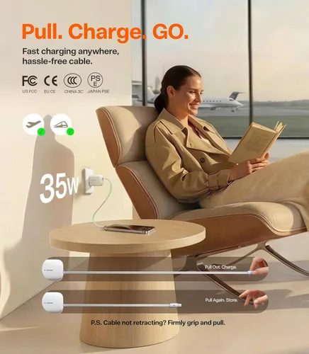 Vista 7 de Torras FlexLine Cargador retráctil, 35 W GaN III USB-C bloque de cargador con puertos duales, cargador de teléfono de carga rápida para iPhone