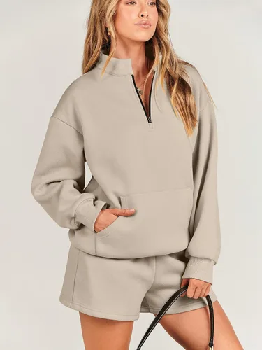 Vista 2 de ANRABESS Conjunto de 2 piezas para mujer, sudadera y pantalones cortos, de gran tamaño, casual, conjunto de sudadera para descansar, conjunto