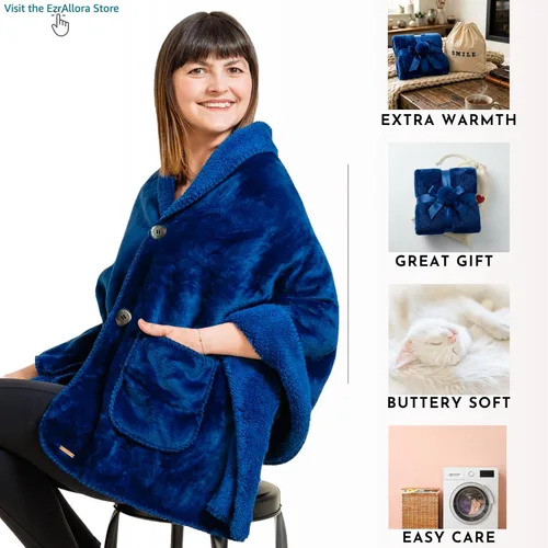 Vista 6 de EzrAllora Manta Poncho de Doble Capa Premium para Mujeres -Ponte y Listo Sin Mangas- Chal de Vellón Sherpa con Bolsillos - Manta Vestible - Regalos