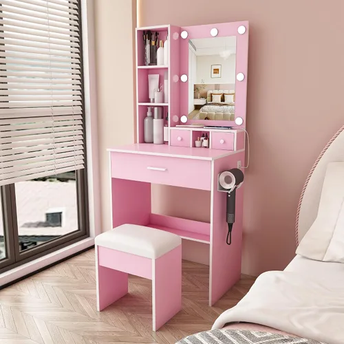 Vista 11 de Runboll Escritorio pequeño con espejo y luces, juego de mesa de tocador de maquillaje con toma de corriente, almacenamiento de cajones, taburete