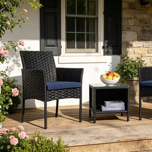 Vista 7 de 3 Piece Patio Furniture Set, Black Wicker Chairs with Blue Cushions Blue/Black