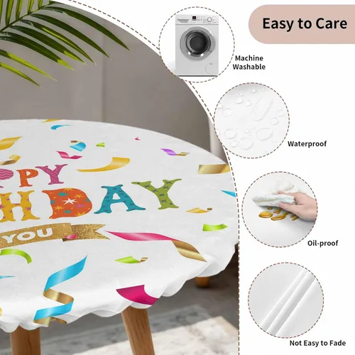 Vista 3 de Mantel redondo ajustable de feliz cumpleaños, con diseño de rayas de colores, diseño de lunares, elástico, impermeable, para interiores
