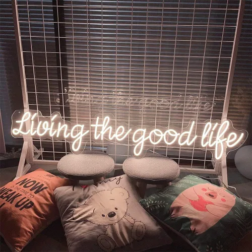 Vista 4 de Letrero de neón con texto en inglés "Living The Good Life" para decoración de pared del hogar, letreros de luz LED de neón, grandes para interiores