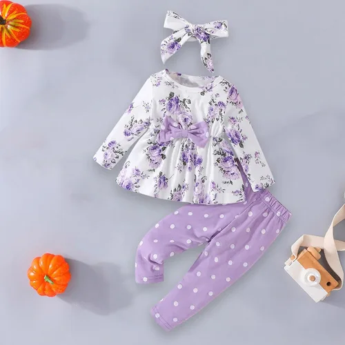 Vista 4 de Conjuntos de ropa para niñas pequeñas, traje de algodón suave, cálido, cuello redondo, manga larga, cuello redondo, floral, otoño