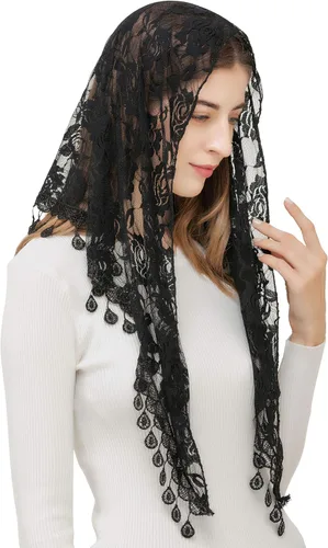 Vista 2 de PAMOR Mass Veil Triangle Mantilla Cathedral Head Cover Chapel Velo Encaje Chal Bufanda Latina