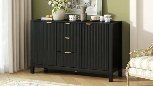 Vista 4 de Henf Mesa consola moderna de 47.2 pulgadas, diseño ondulado, mesa de entrada con 3 cajones y 3 estantes ajustables, mesas de sofá de madera