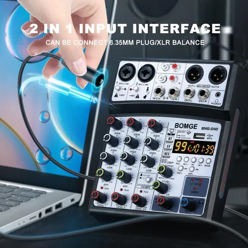 Vista 2 de BOMGE 04D portátil bluetooth 4 canales DJ mezclador de sonido de audio consola de mezcla con interfaz USB, entrada de alimentación fantasma de 48 V