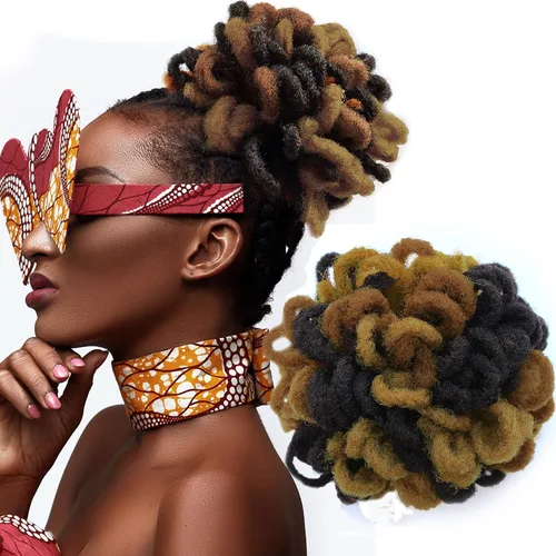 Vista 29 de Abellee 2 moños de Loc para mujeres negras, 8 pulgadas, moño de pétalos de Loc, Afro, cola de caballo alta, cordón de coleta, extensiones de cabello