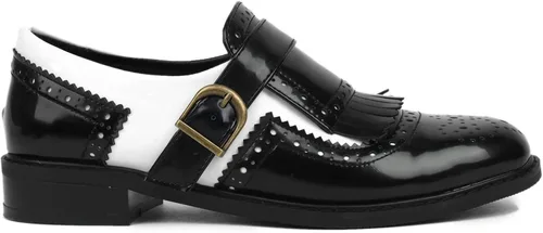 Vista 5 de PIVAPAM Zapatos Oxford negros y blancos para mujer con borla de charol y tacones bajos gruesos sin cordones en la punta de las alas de dos tonos
