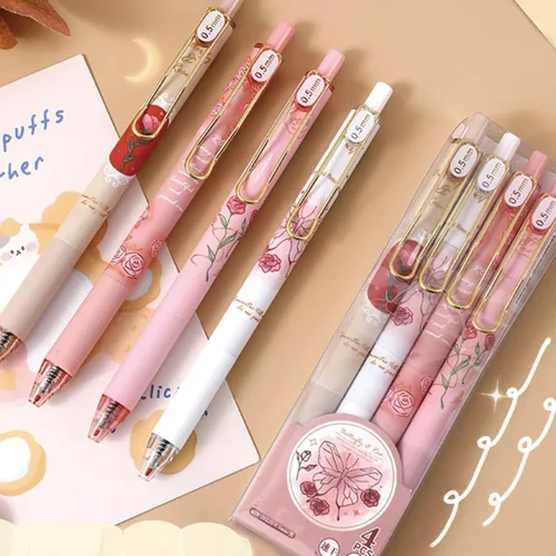Vista 2 de MOZXIRZ 4 piezas de bolígrafos de gel retráctiles con flores, tinta negra, 0.5mm, para niñas/mujeres, lindos, estéticos, bolígrafos para Flor-1