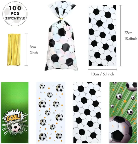 Vista 6 de Kesote Bolsas de celofán de fútbol, 100 piezas de bolsas de dulces de regalo de fútbol con lazos para fiesta de cumpleaños de fútbol