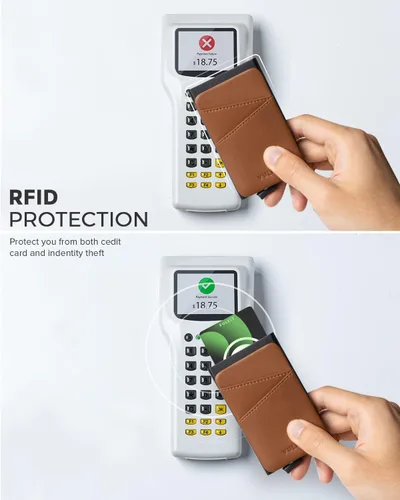 Vista 5 de VULKIT Cartera desplegable para tarjetas de crédito con ranuras de cuero adicionales con bloqueo RFID, funda delgada para tarjetas de metal, Marrón