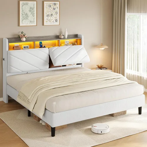 Vista 9 de Jocoevol Beige Queen Size Velvet Bed Frame with Ergonomic Headboard