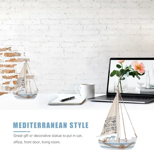 Vista 5 de Modelo de velero de madera, mini LED náutico, conchas náuticas, estatuilla de barco de vela de madera, decoración para el hogar, escritorio