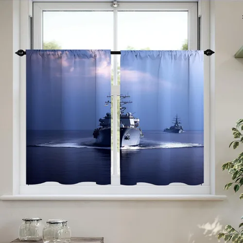 Vista 10 de Cortinas cortas de cocina con diseño náutico de tortugas marinas azules y playas, media cortina de baño para dormitorio, juego de 2 paneles de 27.5