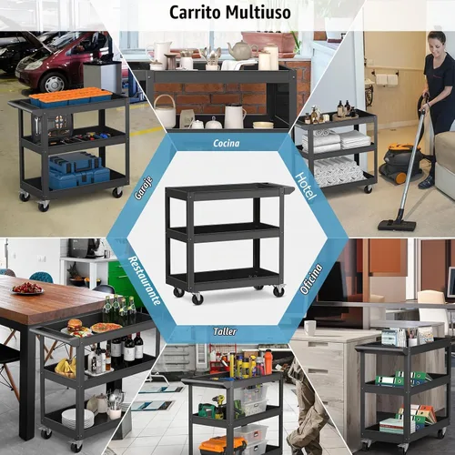 Vista 8 de Goplus Carrito de servicio de 3 capas, carrito Unity resistente con mango plano, 2 ruedas universales bloqueables, capacidad de 400 libras, carrito