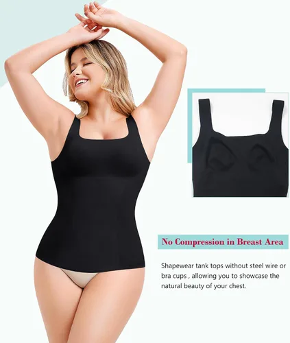 Vista 4 de LODAY Camisetas sin mangas de compresión para mujer, moldeadoras, control de abdomen, cuello cuadrado, camisola