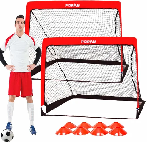 Vista 11 de Portería de fútbol portátil de Poray con red emergente para niños y adultos con tela Oxford de 210D y estacas extra, regalo de cumpleaños