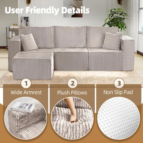 Vista 7 de Sofá modular de 98 pulgadas, sofá modular de 3 plazas en forma de L con otomana, moderno sofá seccional de nube para sala de estar, dormitorio Beige