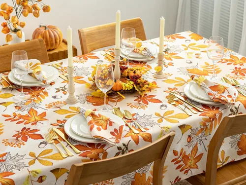 Vista 3 de YiHomer Colección de mesa de Acción de Gracias de otoño para decoración de cocina, comedor, fiestas, cosecha, hojas de otoño, mantel, rectangular