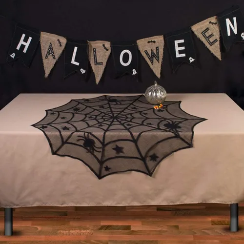 Vista 7 de Camino de mesa de Halloween, mantel redondo de encaje de araña de 40 pulgadas, mantel de Halloween para cena de Halloween (negro)