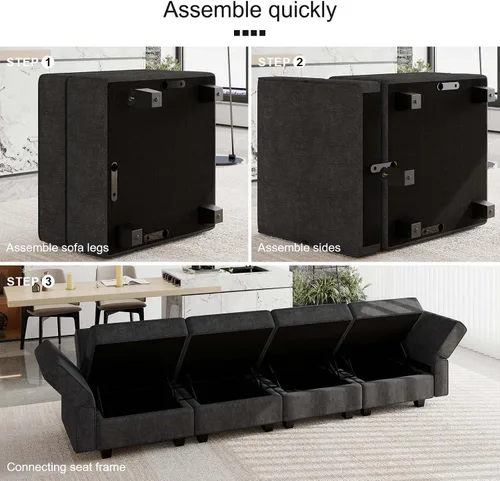 Vista 5 de Belffin Tela modular sofá seccional almacenamiento otomano módulo sofá lado seccional libre configuración otomana negro