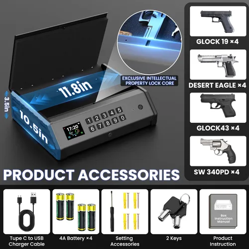 Vista 4 de Caja Fuerte para Pistolas, Caja Fuerte Biométrica para Pistola de 3 Formas con Pantalla LCD de Temperatura y Humedad, Puerto USB, Fuente