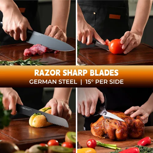 Vista 8 de OOU Juego de Cuchillos de Cocina con Bloque - 15 Piezas de Acero Inoxidable de Alto Carbono con Bloques de Afilado Integrados, Negro