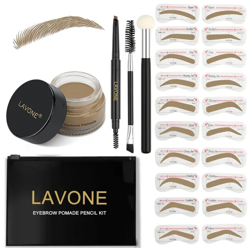 Vista 10 de LAVONE Kit de plantillas para cejas, trío de sellos para cejas con lápiz impermeable, pomada, 20 plantillas, cepillo de doble punta y aplicador