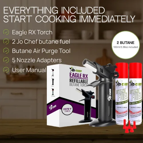 Vista 4 de Jo Chef Eagle RX Culinary Crème Brûlée - Soplete de butano con interruptor de seguridad, llama ajustable, indicador de combustible y escudo de mano