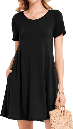 Vista 2 de Vestidos de verano para mujer, informales, holgados, estilo camiseta, florales, de manga corta, con vuelo y bolsillos, para la playa