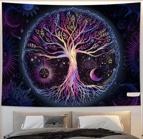 Vista 3 de FORATER Tapiz de árbol de la vida, para colgar en la pared, colorido árbol de la vida, tapiz estético de sol y luna, galaxia para dormitorio, sala
