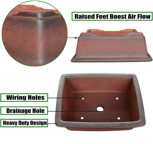 Vista 3 de MUZHI Maceta decorativa de cerámica para bonsái de 8.5 pulgadas con bandeja, maceta rectangular transpirable sin esmaltar de arcilla de terracota