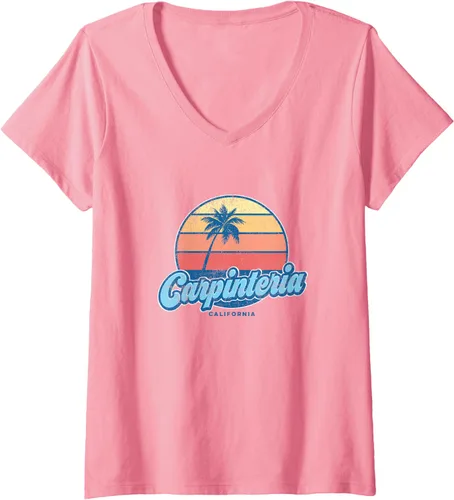 Vista 6 de Womens Vintage Carpinteria California CA Classic 70s Retro Surfer V-Neck T-Shirt