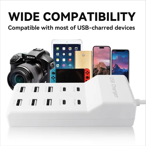 Vista 4 de Bloque de estación de carga USB con 10 puertos (6 puertos USB-A y 4 puertos USB-C), tira de alimentación USB para teléfono inteligente, tableta