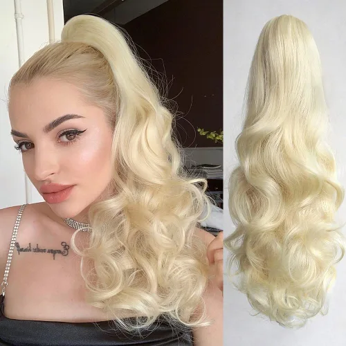Vista 15 de Extensión de cola de caballo de garra negra natural ondulada de 16 pulgadas, extensiones de cabello sintético rizado con clip, extensiones