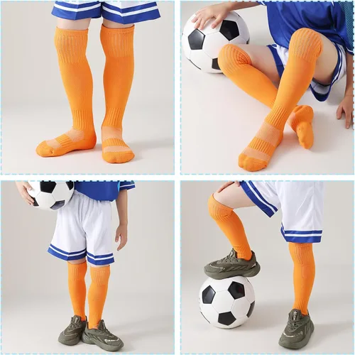 Vista 6 de Calcetines de fútbol para niños, calcetines de béisbol con suela acolchada hasta la rodilla para niños y niñas, 2 pares