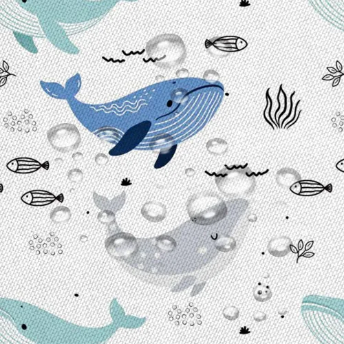 Vista 5 de Cortina de ducha de ballena de dibujos animados, lindo animal oceánico, azul y gris, diseño abstracto de peces náuticos, divertido para niños