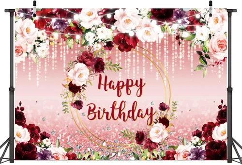 Vista 3 de Sensfun Telón de fondo de cumpleaños floral burdeos con diseño de lunares con purpurina y diseño floral de feliz cumpleaños para mujeres y niñas
