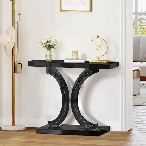 Vista 3 de Mesa consola negra con incrustaciones de diamante triturado, mesa de sofá de entrada de vidrio de 39.4 pulgadas de largo, base en forma de C, mesa
