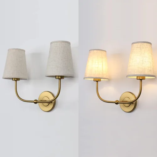 Vista 7 de Apliques de pared de 2 luces con embudo de tela de lino, lámparas de pared de doble luz para dormitorio, sala de estar, tocador, baño, pasillo