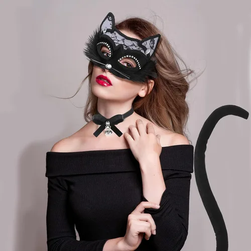 Vista 2 de Disfraz de gato negro de Halloween, disfraz de gato negro, máscara de encaje de gato, collar y cola para adultos, fiesta de disfraces