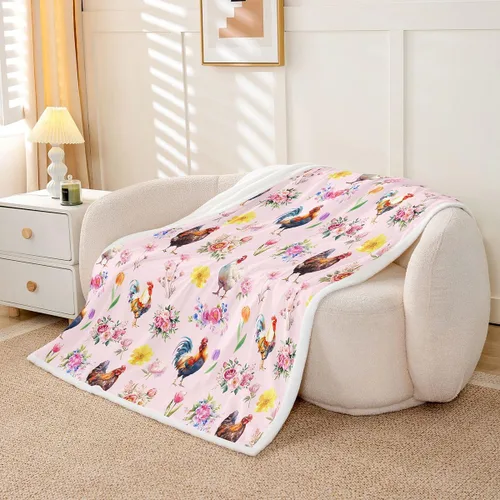 Vista 17 de Erosebridal Rooster Fleece Throw Blanket 40"x50" for Bedroom Living Rooms Sofa Couch,Chicken Farmhouse Sherpa Blanket,Wildflower Fuzzy Plush