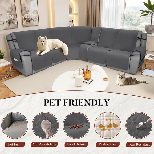 Vista 2 de Juego de fundas de terciopelo 100% impermeables para sofá seccional reclinable en forma de L, 8 piezas, fundas acolchadas para sofá reclinable Gris
