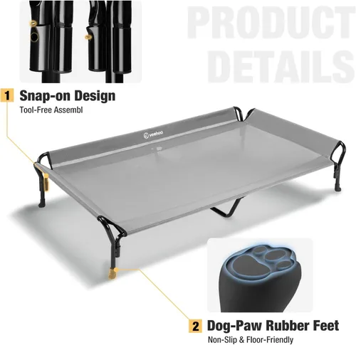 Vista 4 de Veehoo Cama elevada refrescante para perros, cuna elevada XL para mascotas con barandilla y reposacabezas inclinado, malla Teslin transpirable Gris
