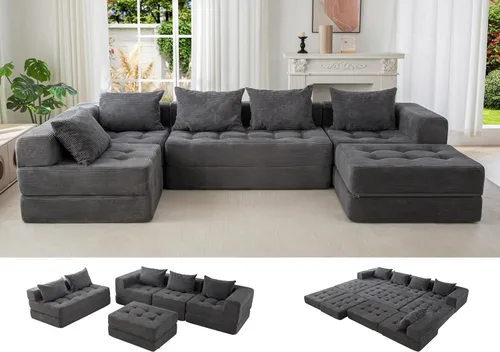 Vista 20 de MAXYOYO Sofá modular seccional, sofá plegable en forma de U con almohadas, sofá tumbona copetudo de 6 asientos sin huesos para sala de estar,