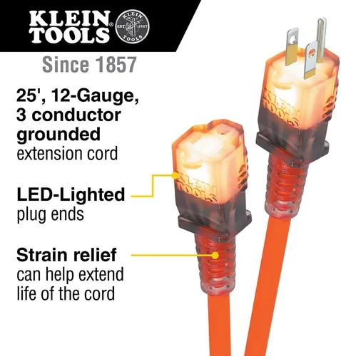 Vista 2 de Klein Tools EXC2515 12/3 SJEOW Cable de extensión de 25 pies, extremos LED, visibilidad diurna, flexible en clima frío, alambre de cobre 99.9%, 15A