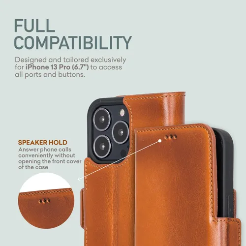 Vista 4 de Bayelon Funda para iPhone 13 Pro Max, funda de piel de grano completo, funda magnética con ranuras para tarjetas, función atril (bronceado rústico)